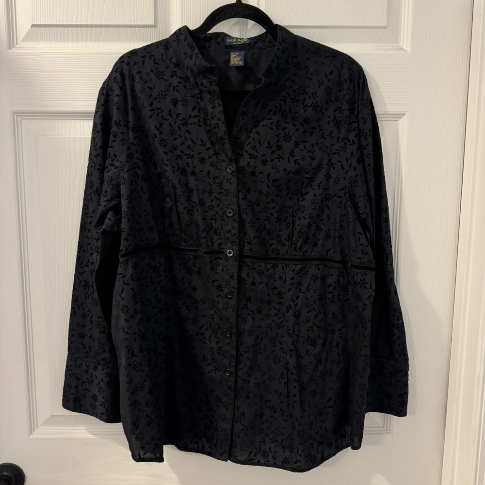 Ecologie Embroidered Black Floral Button-Down Shirt Women Sz 2X Burnout Velvet